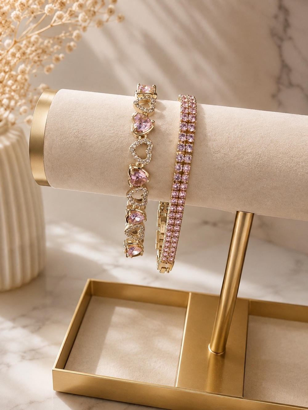 Pink CZ Tennis Bracelet & Heart Bracelet Set🩷